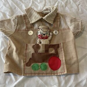 Vintage 70s Train Infant Shirt With Teddy Bear Conductor